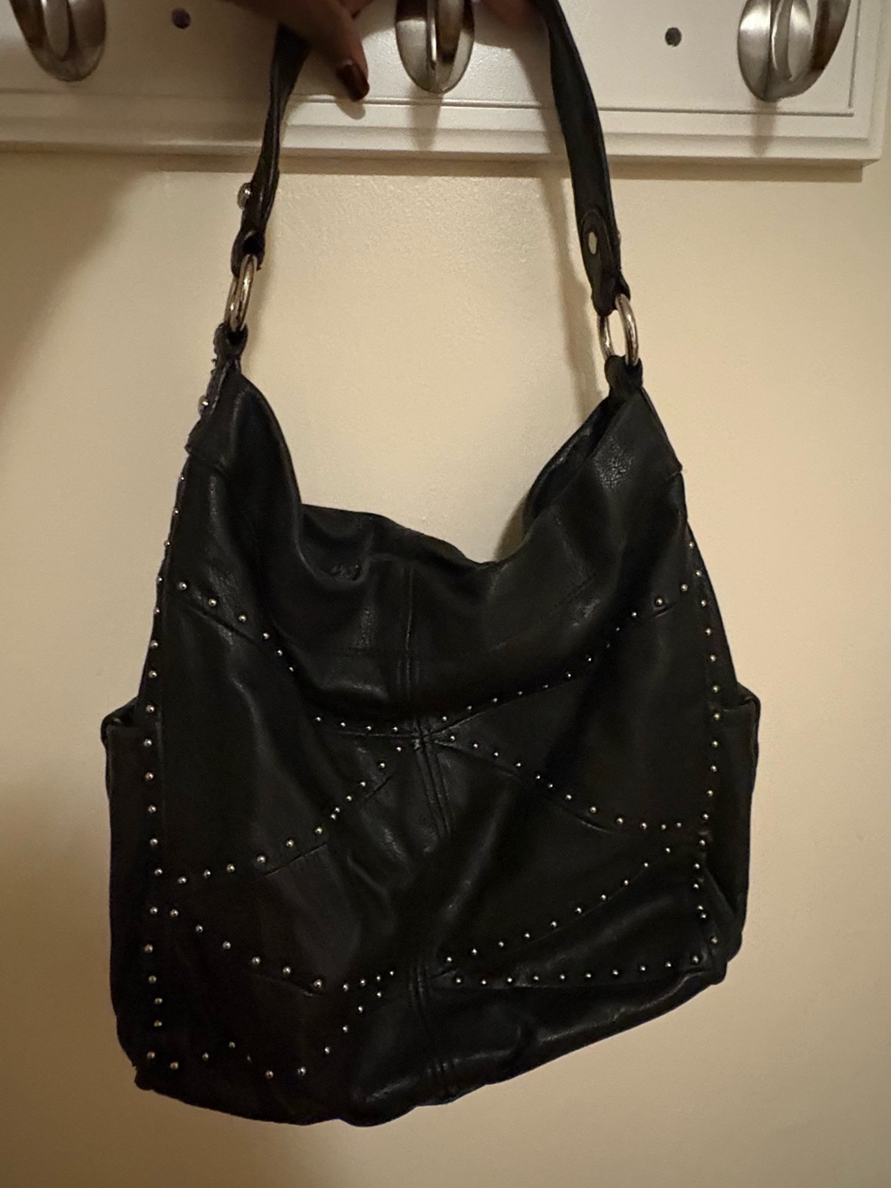 B Makowsky Black Leather Studded Hobo Shoulder Bag Y2K Leopard Lining